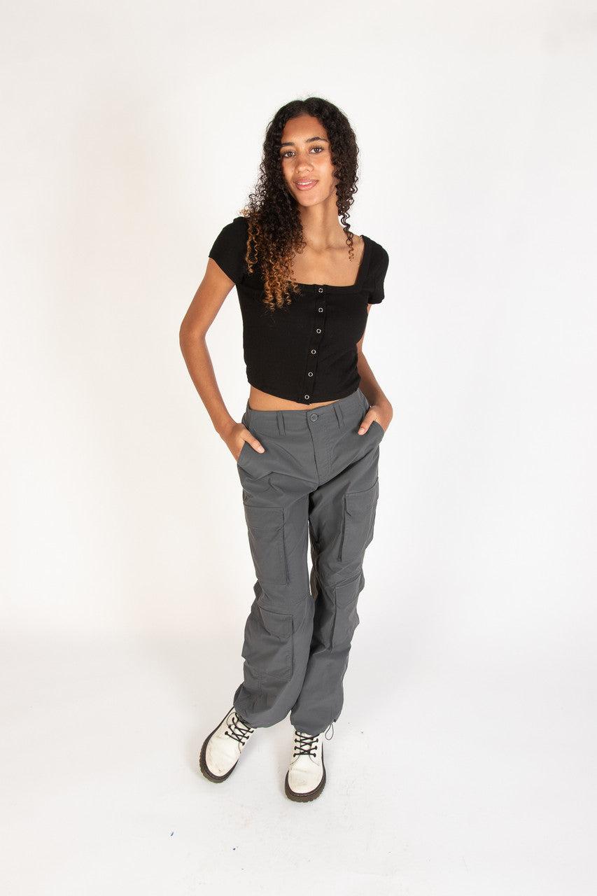 Black Square Neck Button Front Crop Tee Product Image