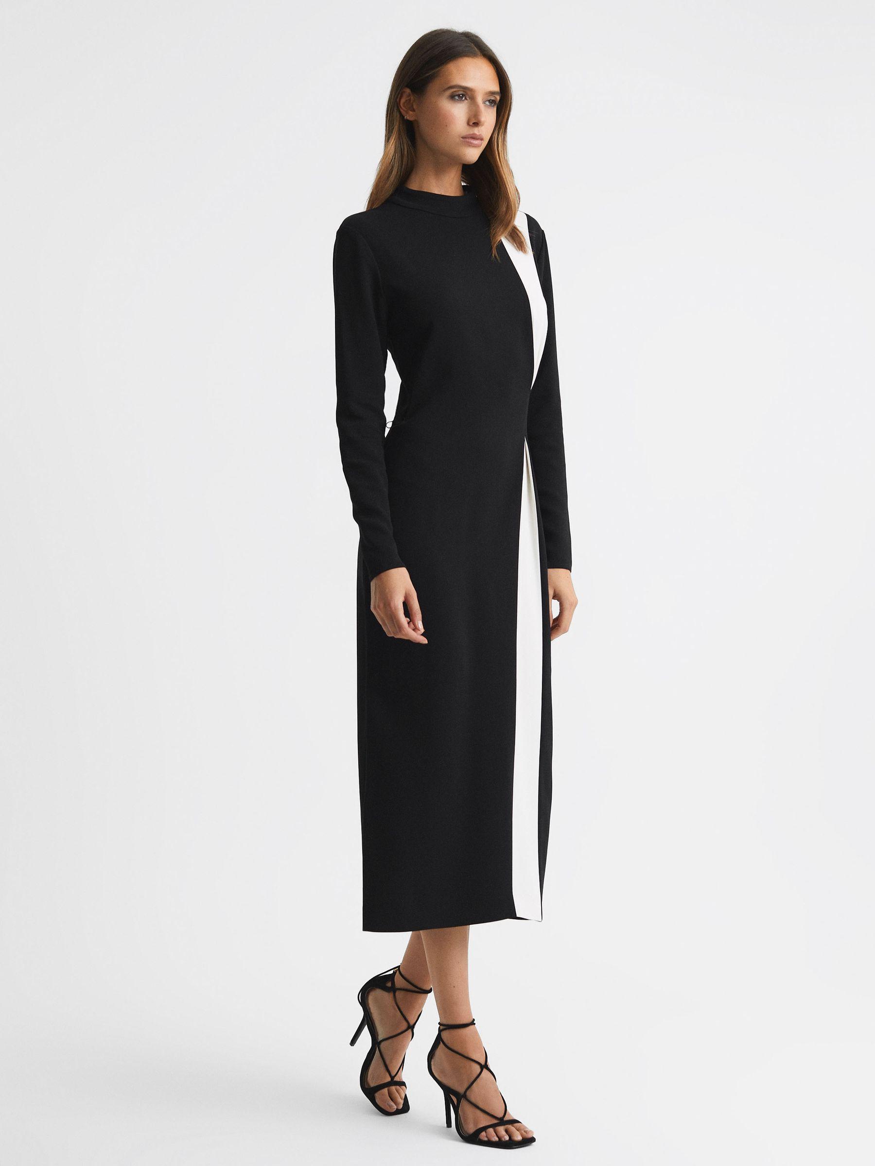 Contrast Stripe Belted Midi Dress in Black/White Product Image