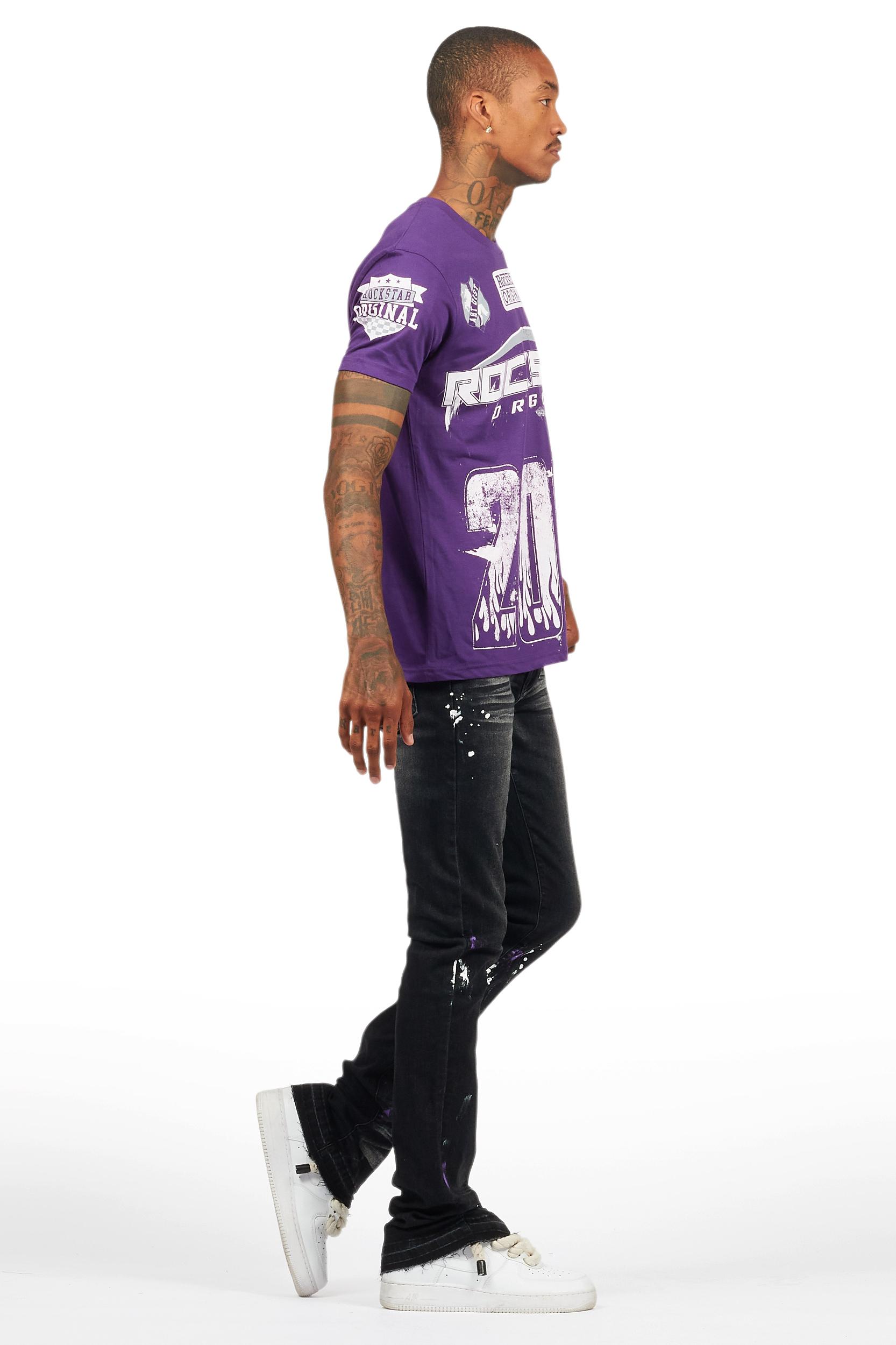 Amos Purple Graphic T-Shirt & Dag Dark Grey Jean Bundle Male Product Image