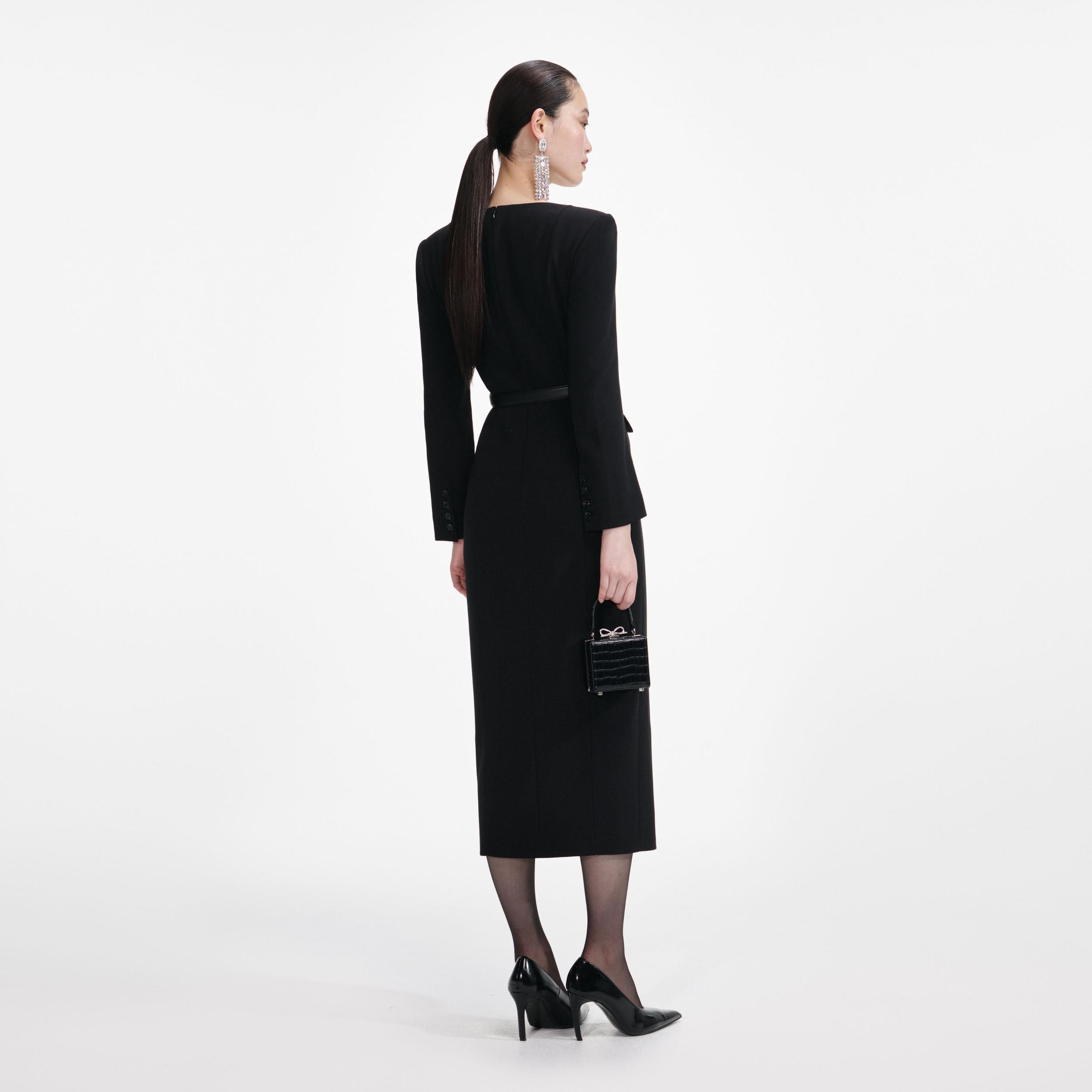 Black Tailored Crepe Midi Dress Product Image