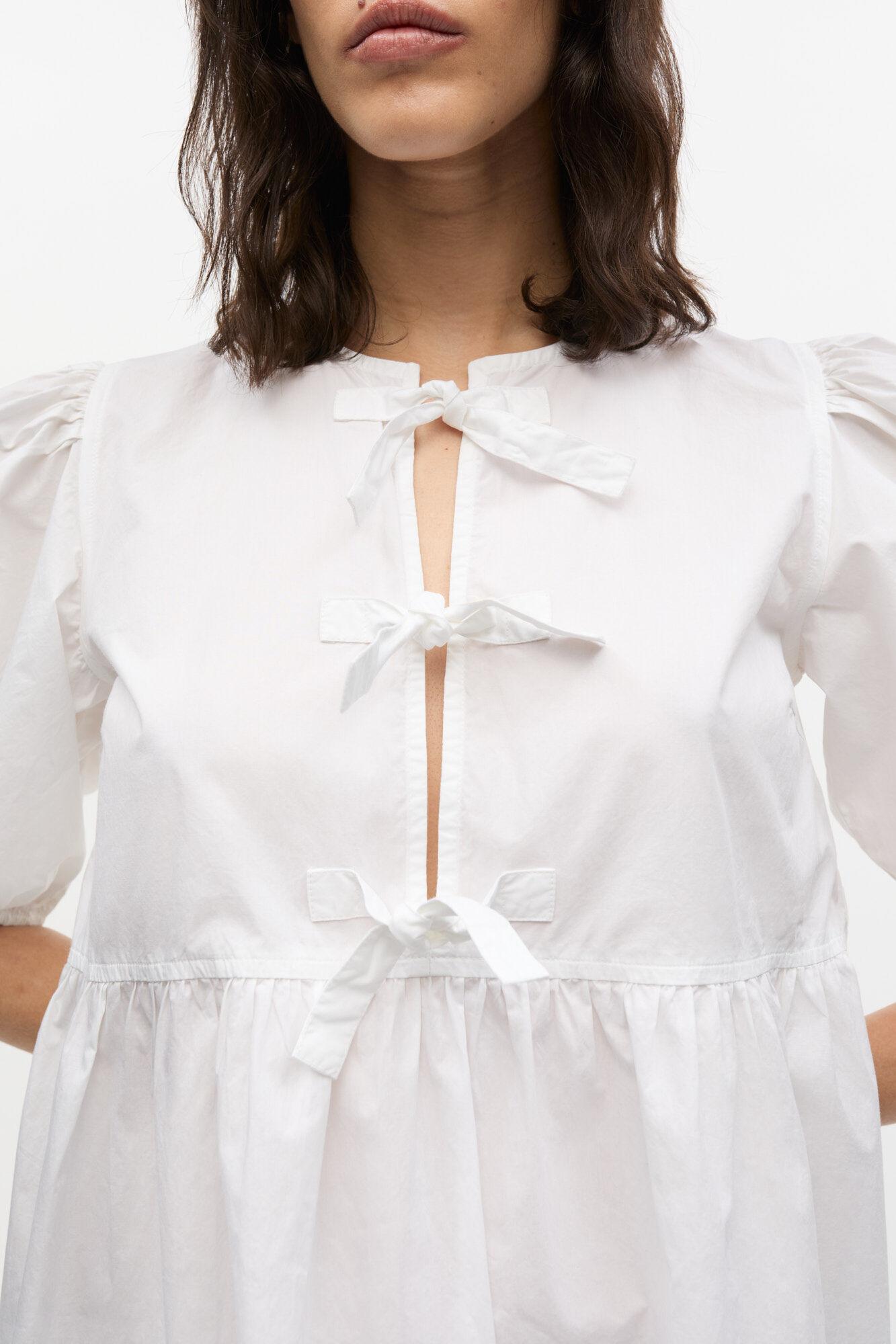 White Cotton Poplin Tie String Mini Dress Product Image