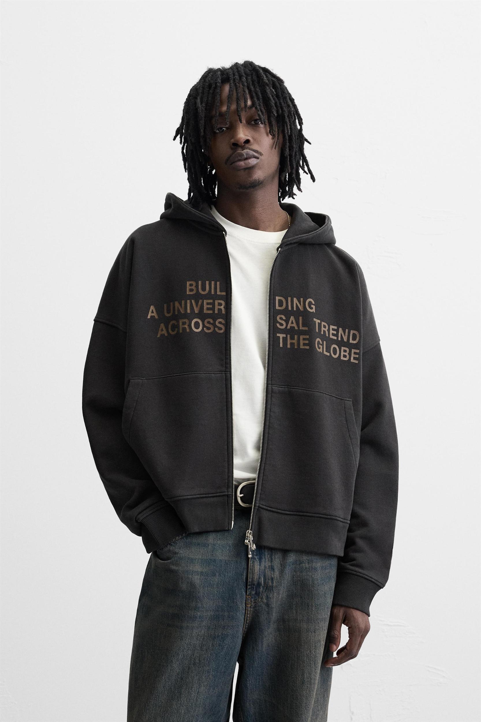 WASHED ZIP-UP TEXT HOODIE Product Image