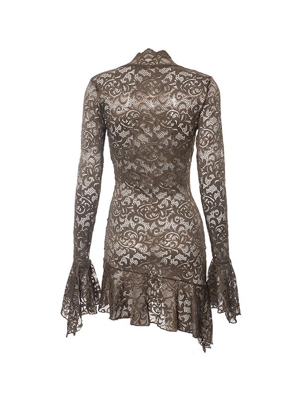 Lace V Neck Trumpet Sleeve Mini Dress Product Image