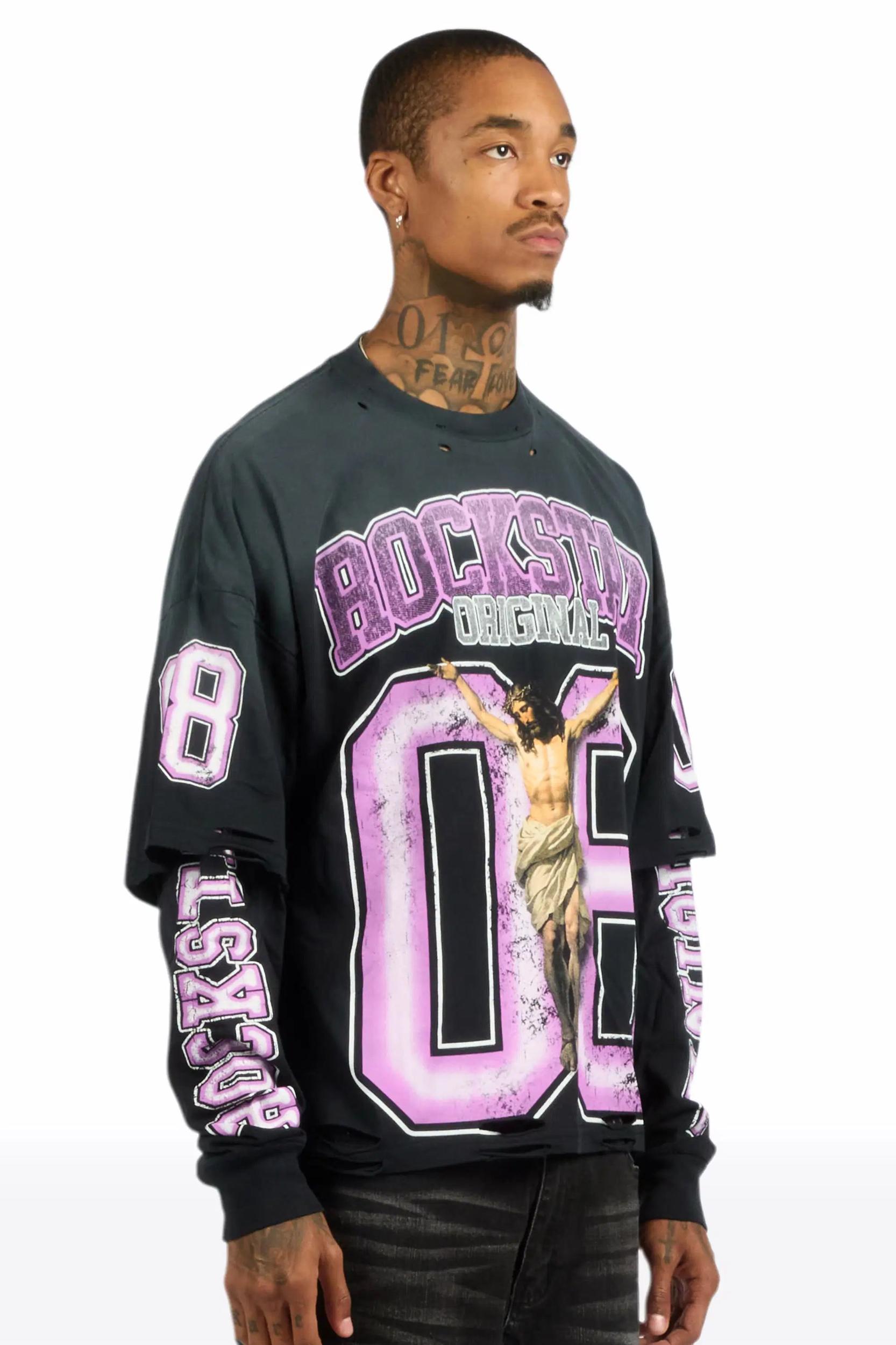 Fields Black/Purple Double Layer Long Sleeve Graphic T-Shirt Male Product Image