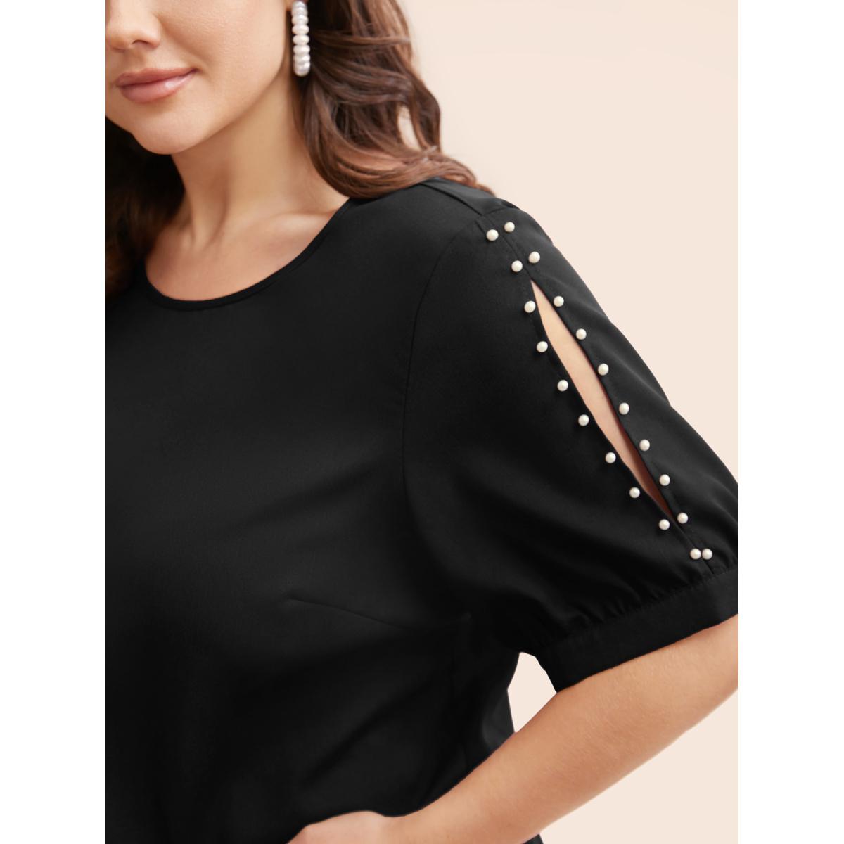 Plus Size Black Round Neck Pearl Beaded Cut Out Blouse Women Elegant Short sleeve Round Neck Everyday Blouses BloomChic 26/4X Product Image