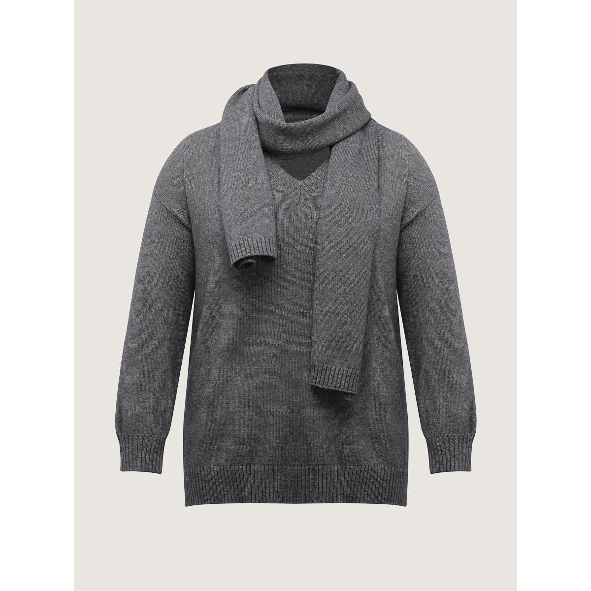 Plus Size Supersoft Two-Piece Scarf Cozy Pullover DarkGray Women Leisure Loose Long Sleeve V-neck Casual Pullovers BloomChic 18-20/2X Product Image