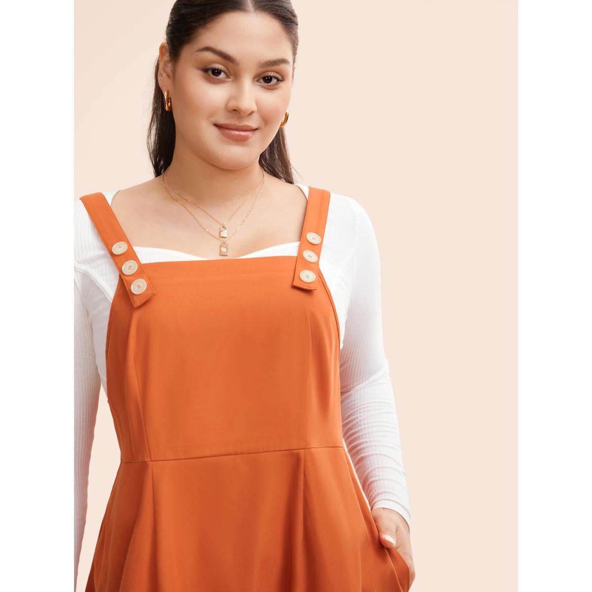 Plus Size Suspender Skirt Style Midi Dress OrangeRed Women Casual Button Non Sleeveless Curvy BloomChic 26/4X Product Image