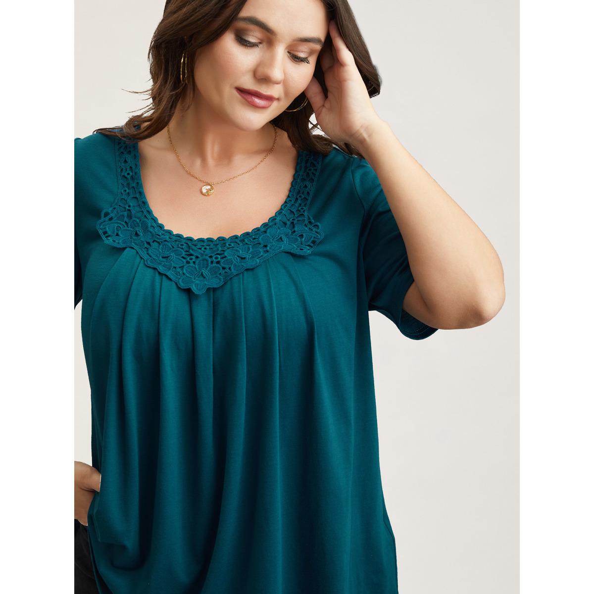 Plus Size Lace Trim Pleated Round Neck T-Shirt Cyan Women Leisure Woven ribbon&lace trim Lace collar Casual T-shirts BloomChic 12/L Product Image