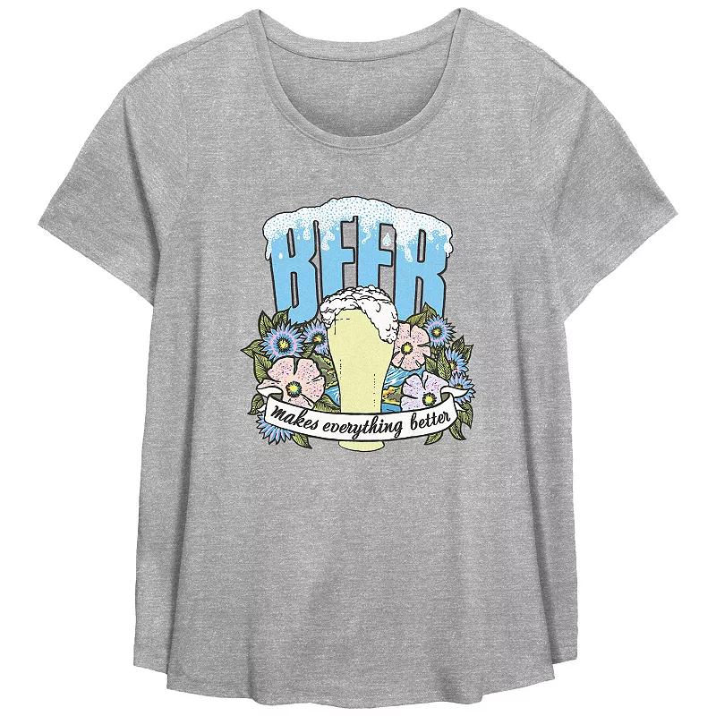 Plus Size Beer Makes Everything Better Scoop Hem Flow Graphic Tee, Women's, Size: 2XL, Grey Gray Product Image
