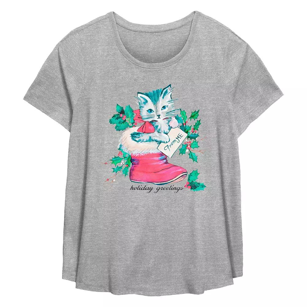 Plus Size Holiday Greetings Christmas Kitty Stocking Stuffer Flowy Graphic Tee, Women's, Size: 0X, Grey Gray Product Image