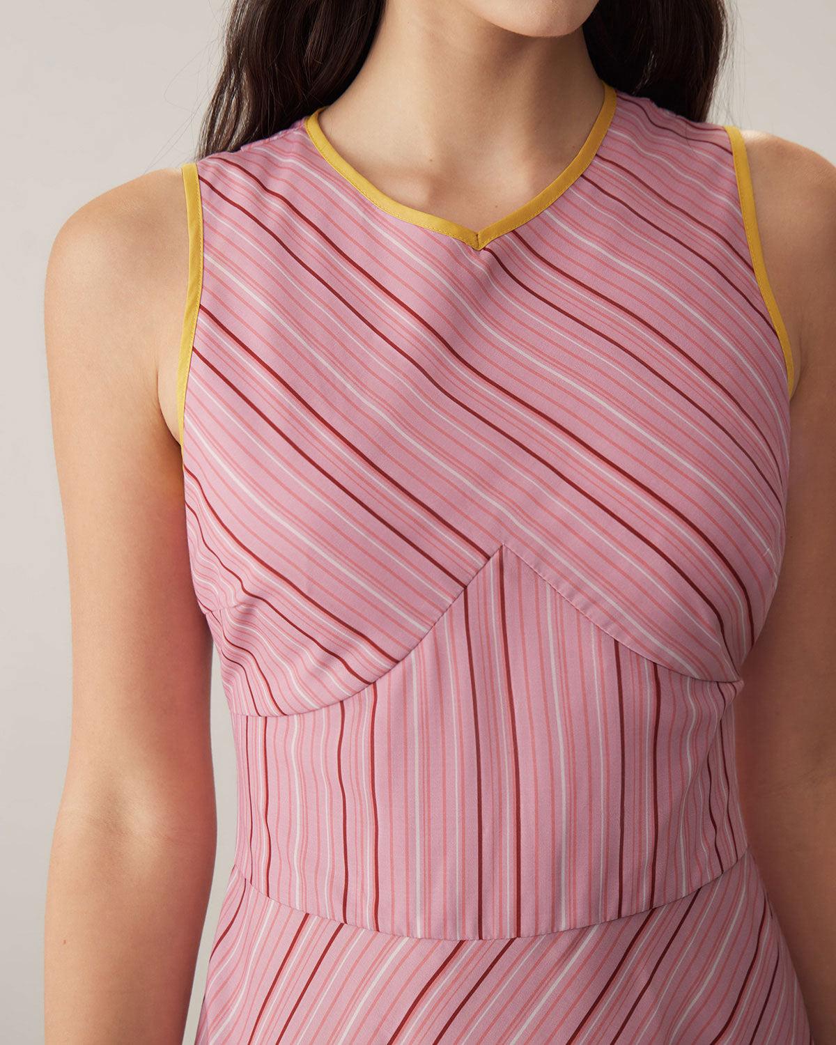 Pink Striped V Neck Sleeveless Midi Dresses Product Image