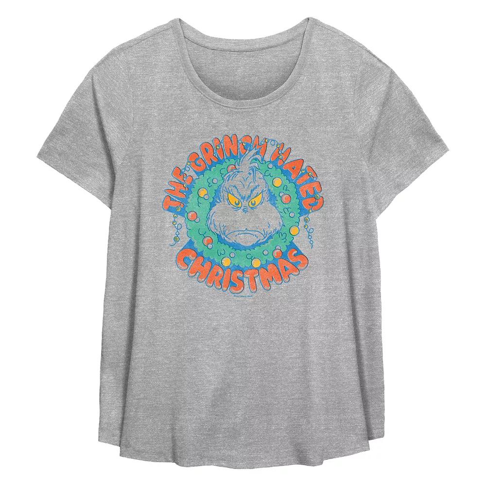 Plus Size Dr. Seuss The Grinch Hated Christmas Wreath Flowy Graphic Tee, Womens Grey Gray Product Image