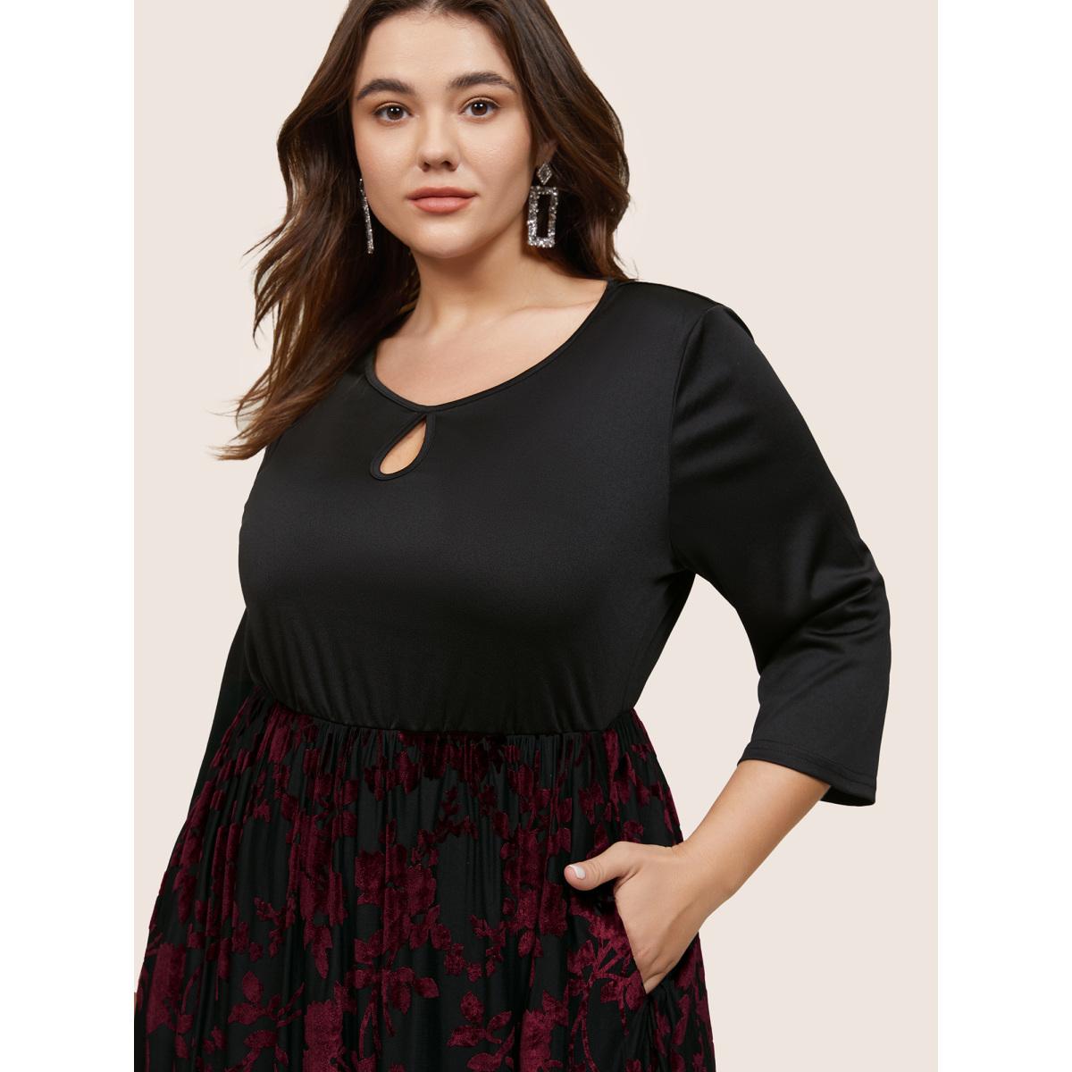 Plus Size Contrast Flocking Keyhole Elastic Waist Dress Burgundy Women Glamour Printed Keyhole Cut-Out Elbow-length sleeve Curvy Midi Dress BloomChic 28/5X Product Image
