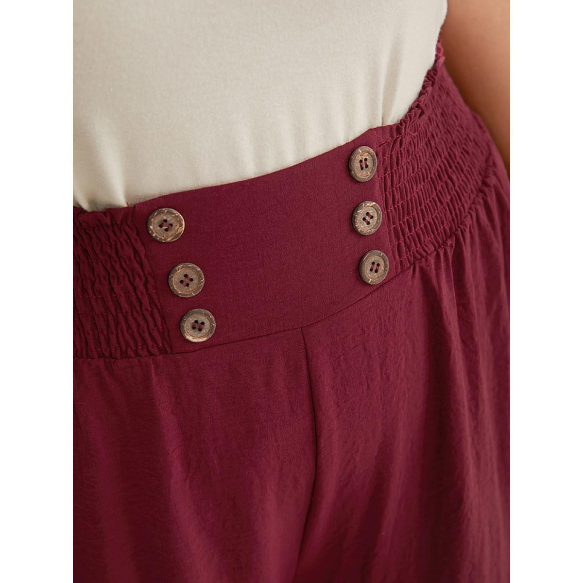 Plus Size Button Detail Shirred Wide Leg Pants Women Burgundy Glamour Wide Leg High Rise Going out Pants BloomChic 10/M Product Image