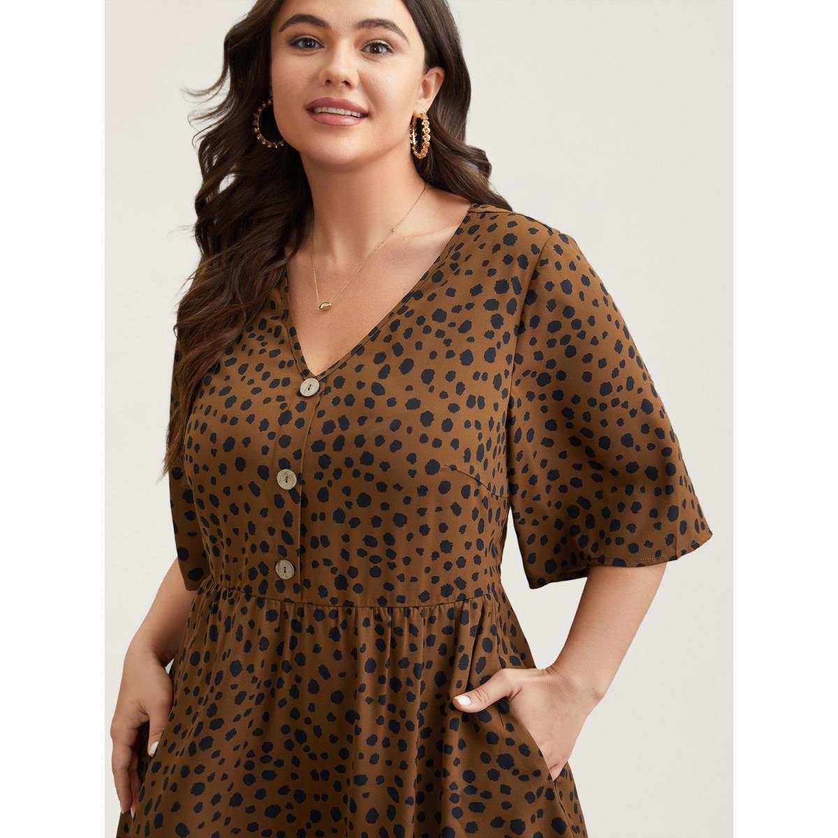 Plus Size Leopard Print Button Placket Midi Dress Browncoffeecolor Women Casual Button V-neck Half Sleeve Curvy BloomChic 14-16/1X Product Image