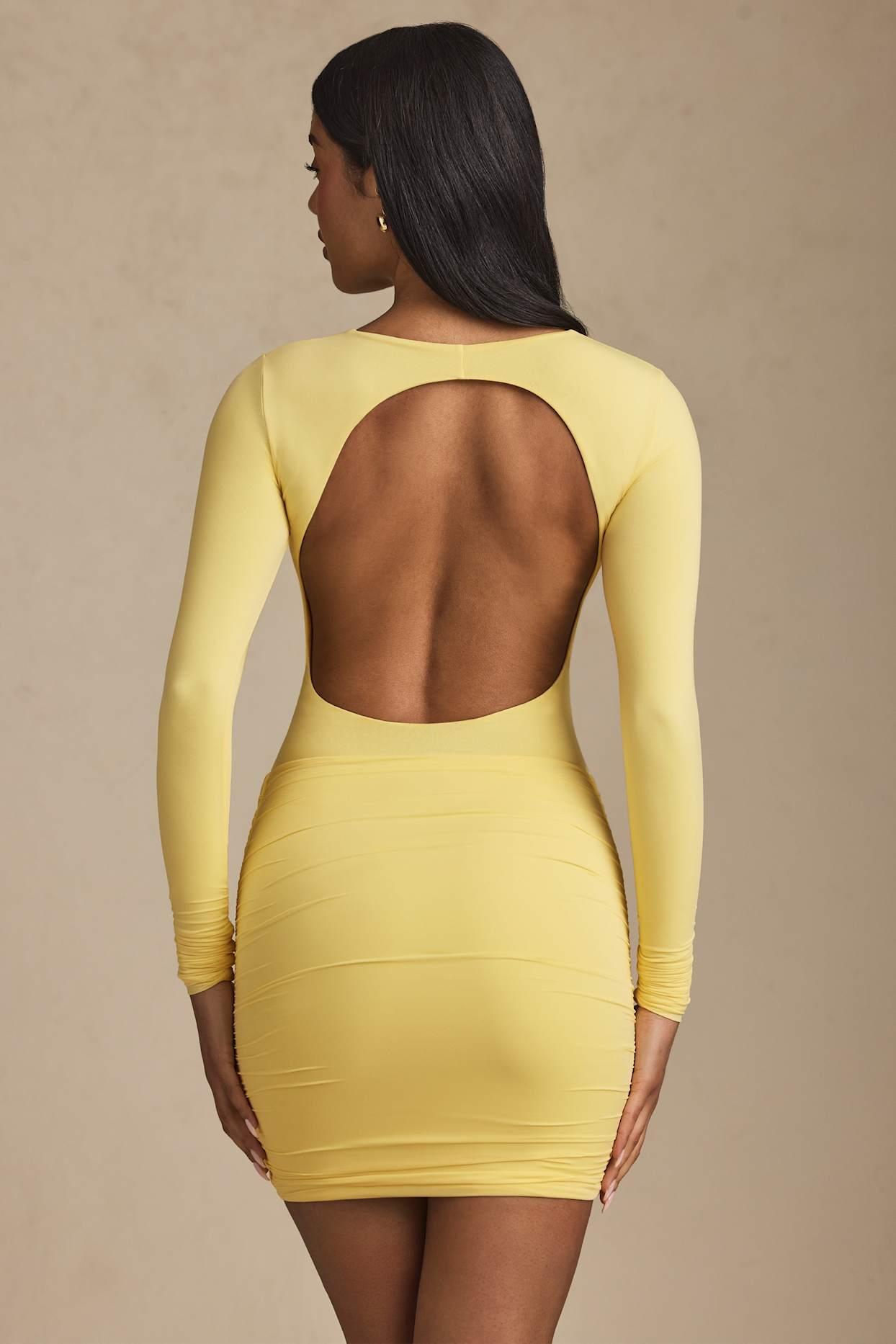 Twist-Front Ruched Backless Mini Dress in Pastel Yellow Female Product Image