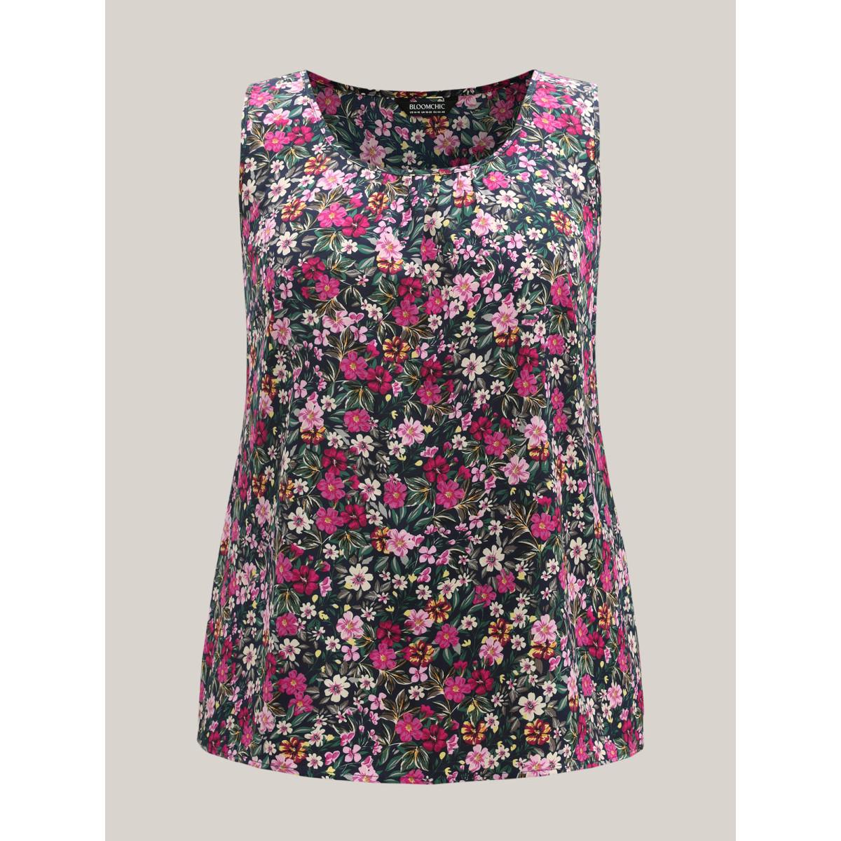 Plus Size Floral Print Pleated Neck Tank Top Women Midnight Timeless Gathered U-neck Elegant Tank Tops Camis BloomChic 30/6X Product Image