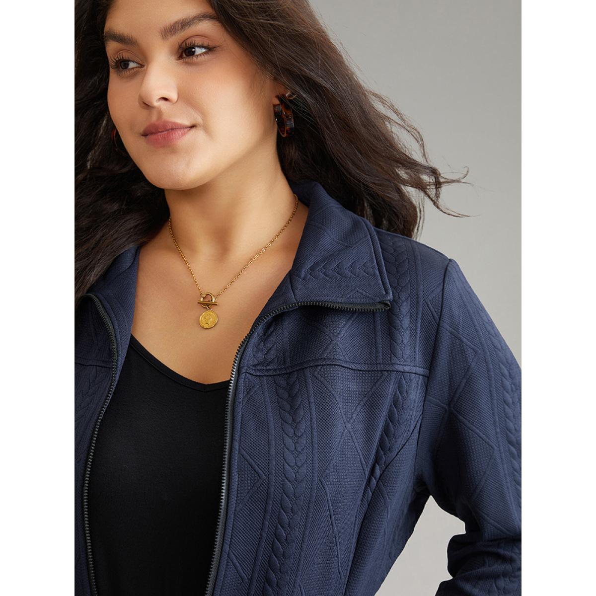 Plus Size Solid Jacquard Zipper Texture Jacket Women Indigo Texture Pocket Dailywear Jackets BloomChic 18-20/2X Product Image