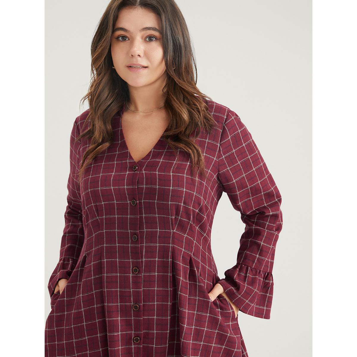 Plus Size Gingham Pocket Button Up Bell Sleeve V Neck Dress Without Belt Russet Women Office Button V-neck Long Sleeve Curvy Midi Dress BloomChic 30/6X Product Image