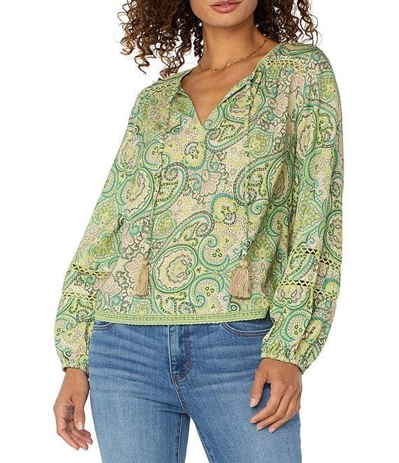 Liverpool Los Angeles Woven Paisley Print V-Neck Long Sleeve Shirred Blouse Product Image