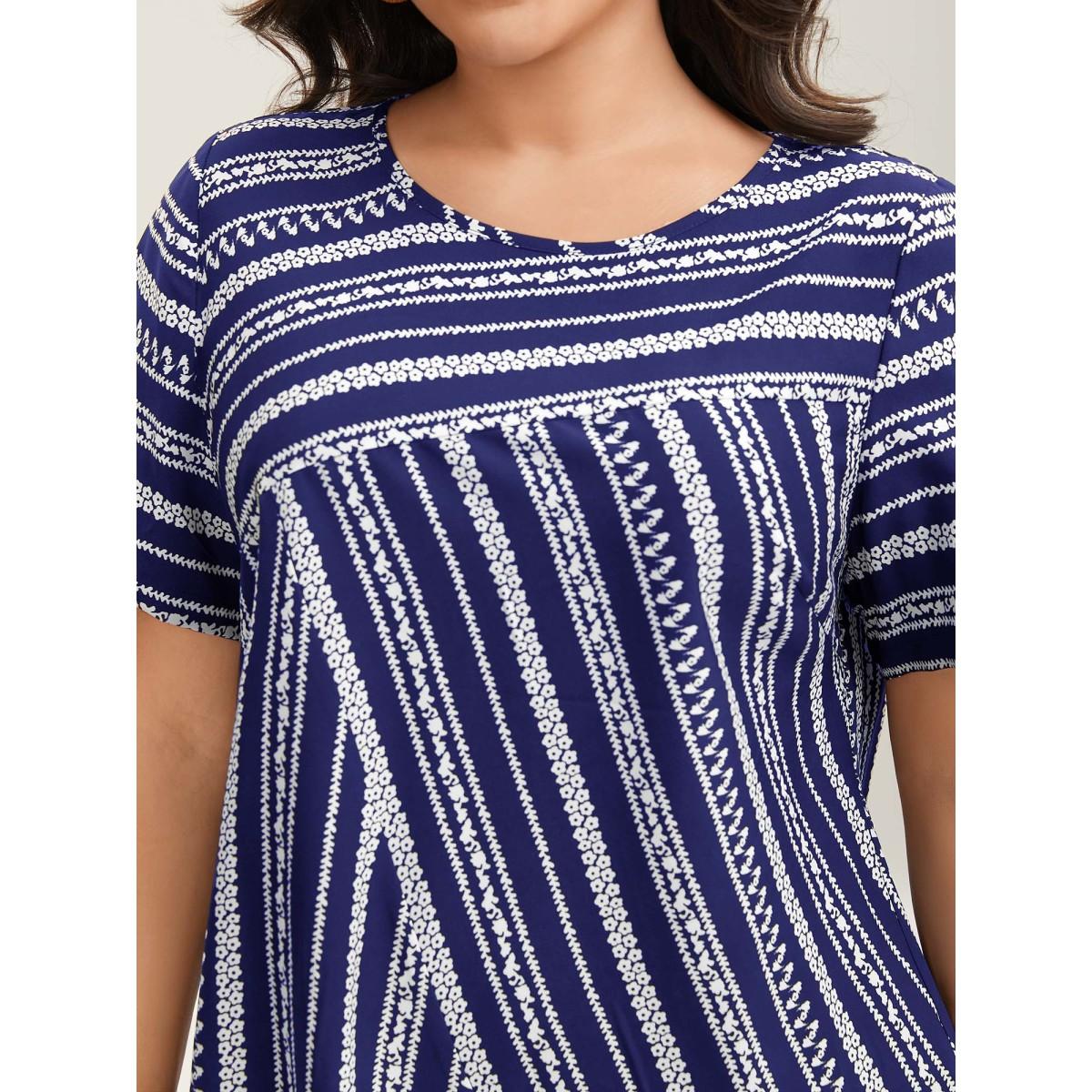 Plus Size DarkBlue Striped Overlap Print Curvy Hem Blouse Women Resort Short sleeve Round Neck Vacation Blouses BloomChic 10/M Product Image