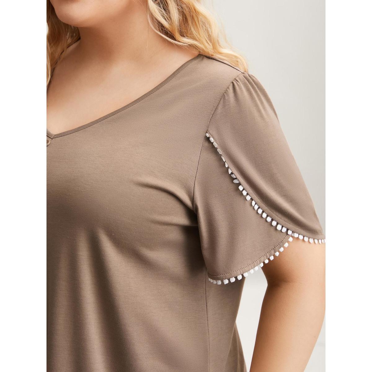 Plus Size Petal Sleeve Lace Button Solid T-Shirt LightBrown Women Casual Petal edge V-neck Everyday T-shirts BloomChic 26/4X Product Image