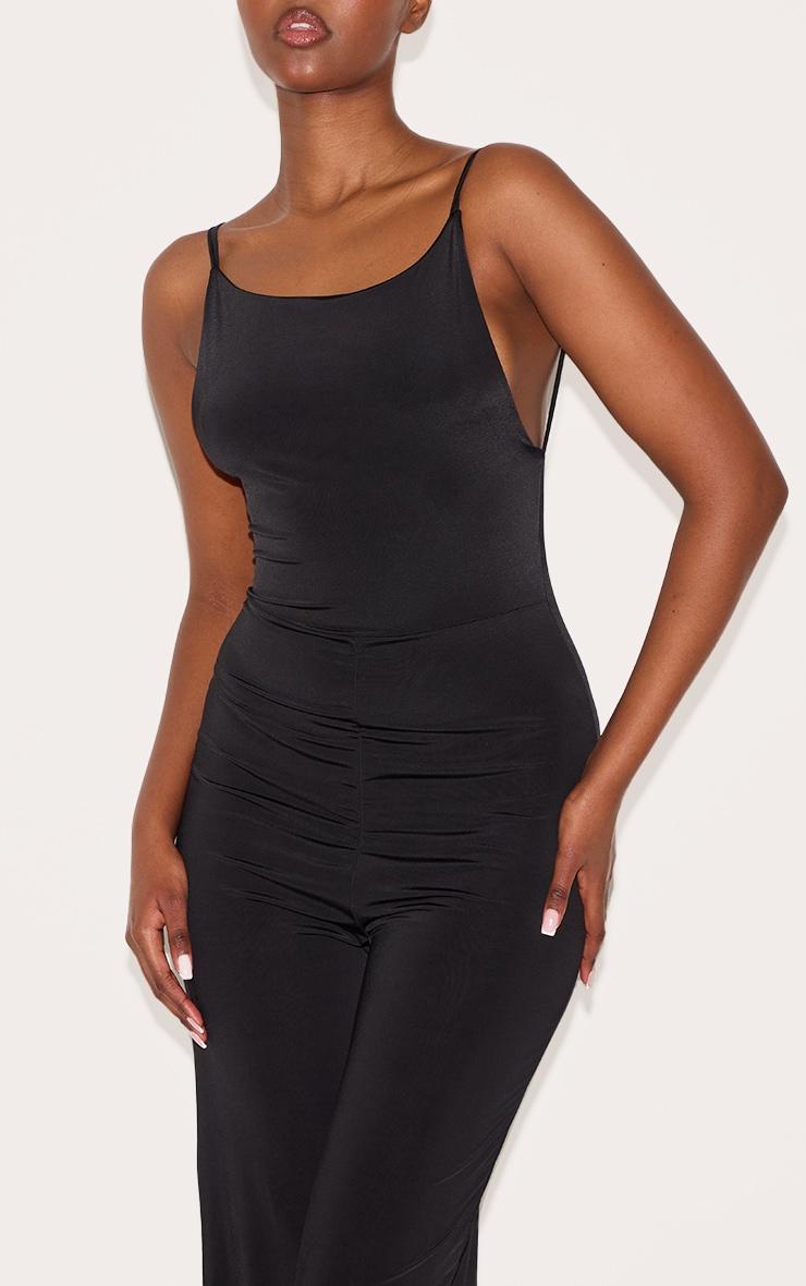 Black Double Layer Slinky Low Back Strappy Wide Leg Jumpsuit Product Image
