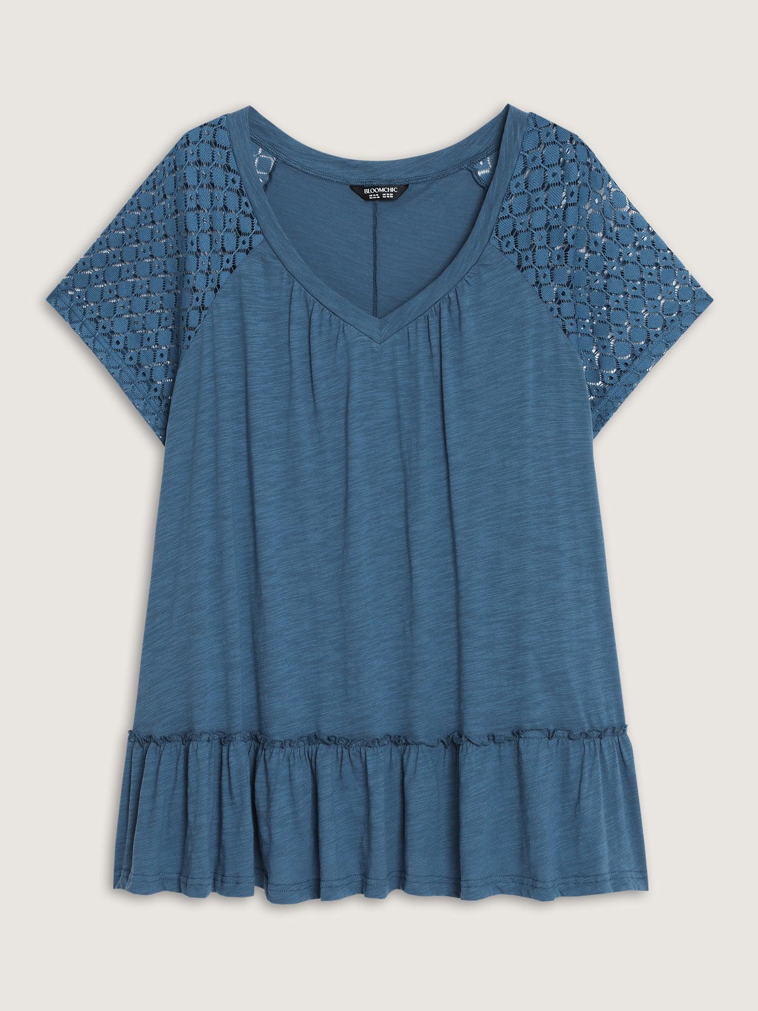 Cotton Ruffle Hem Eyelet Lace T-Shirt Female Product Image
