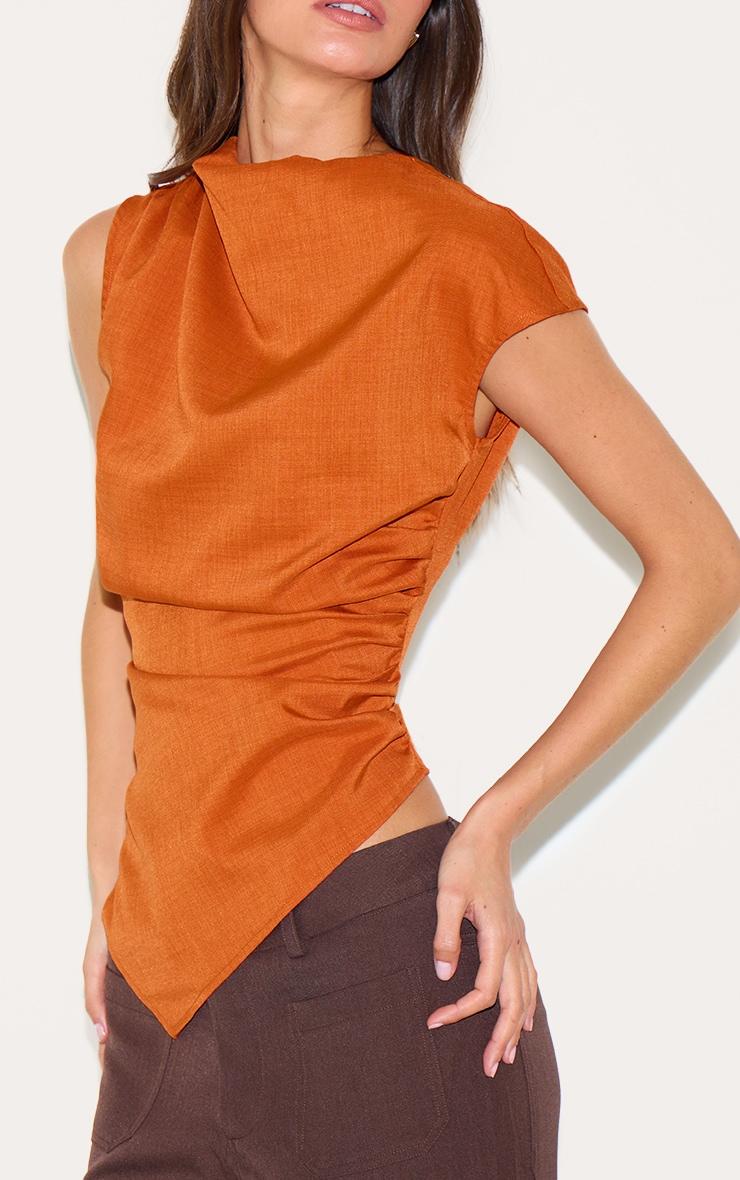  Rust Woven Ruched Asymmetric Long Top Product Image