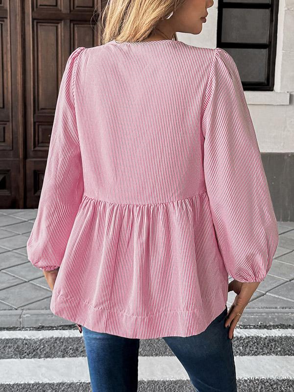 Long Sleeves Loose Elasticity Pleated Striped Tied Round-Neck Blouses&Shirts Tops Product Image