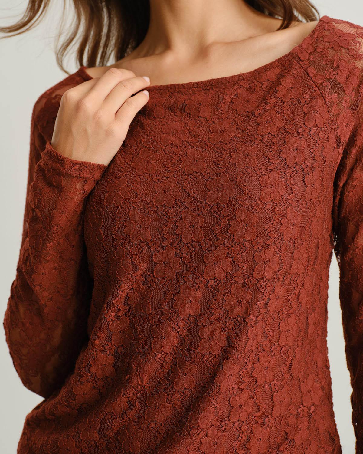 Brown Boat Neck Lace Slim Tee Product Image