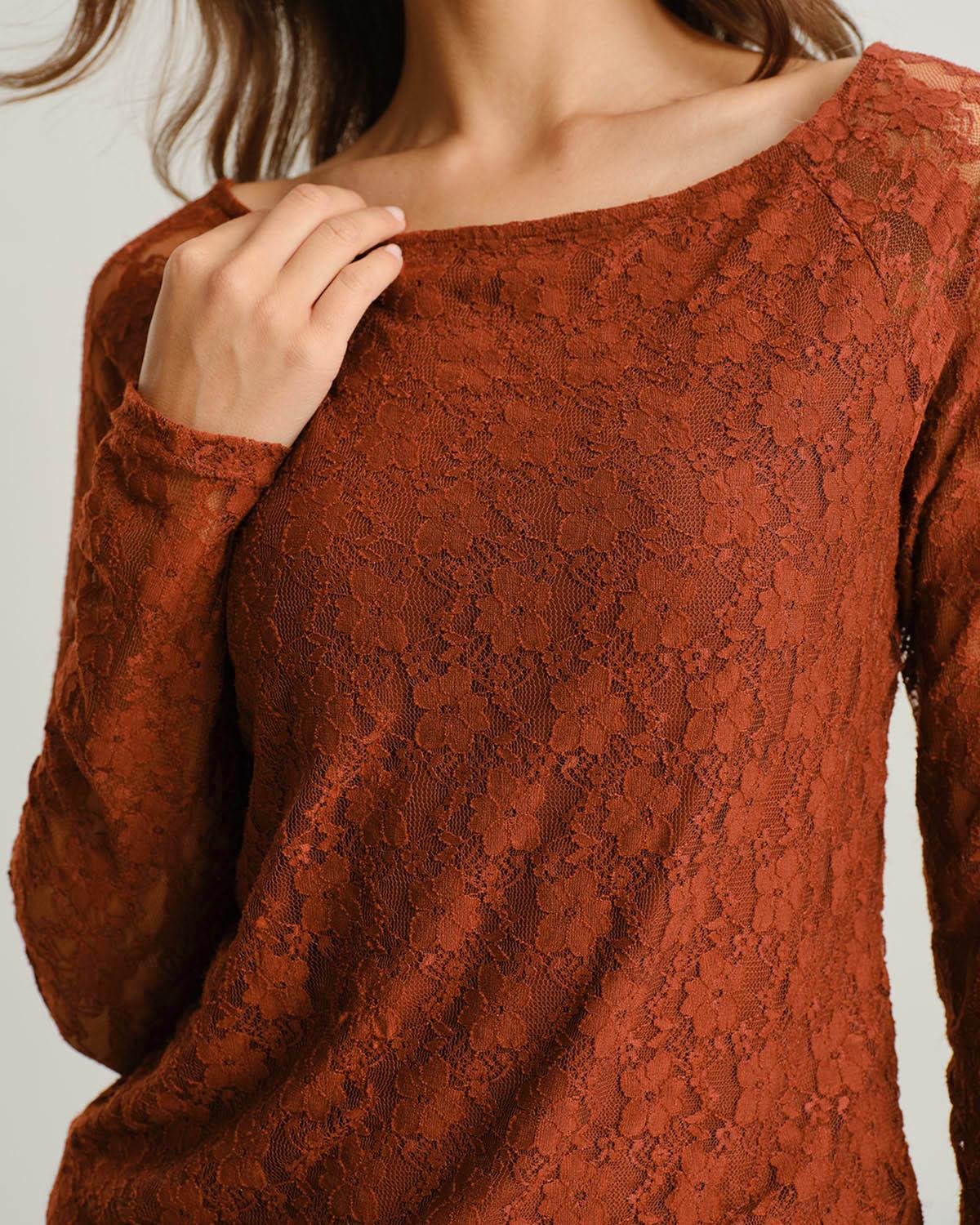 Brown Boat Neck Lace Slim Tee Product Image