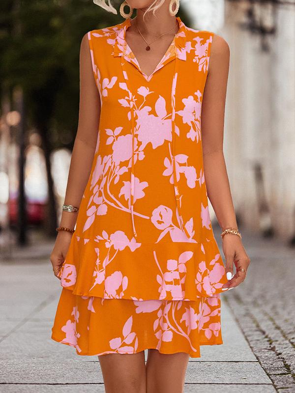 A-Line High Waisted Falbala Printed Split-Joint Tied Tiered V-Neck Mini Dresses Product Image