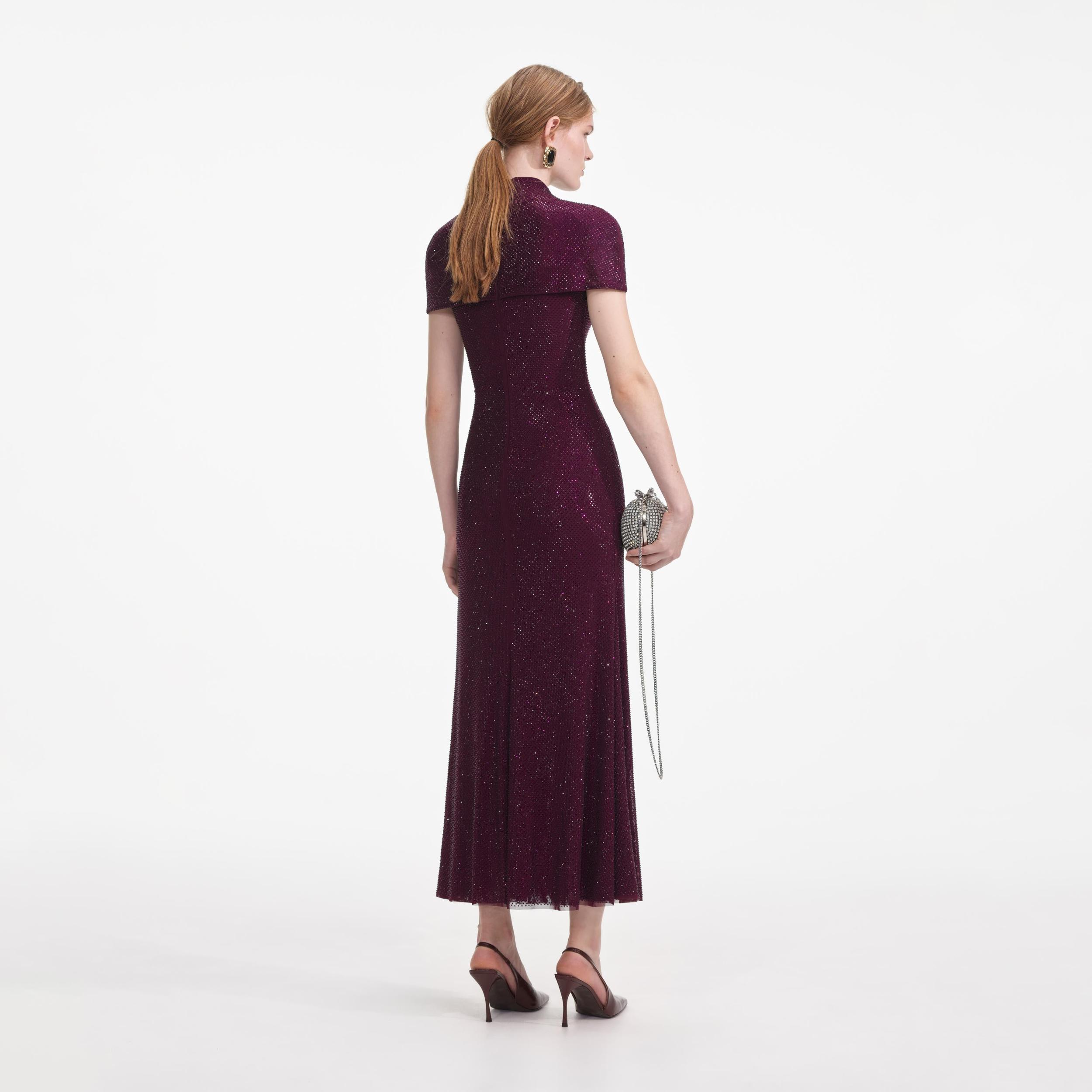 Burgundy Rhinestone Mesh Cut Out Midi Dress Product Image