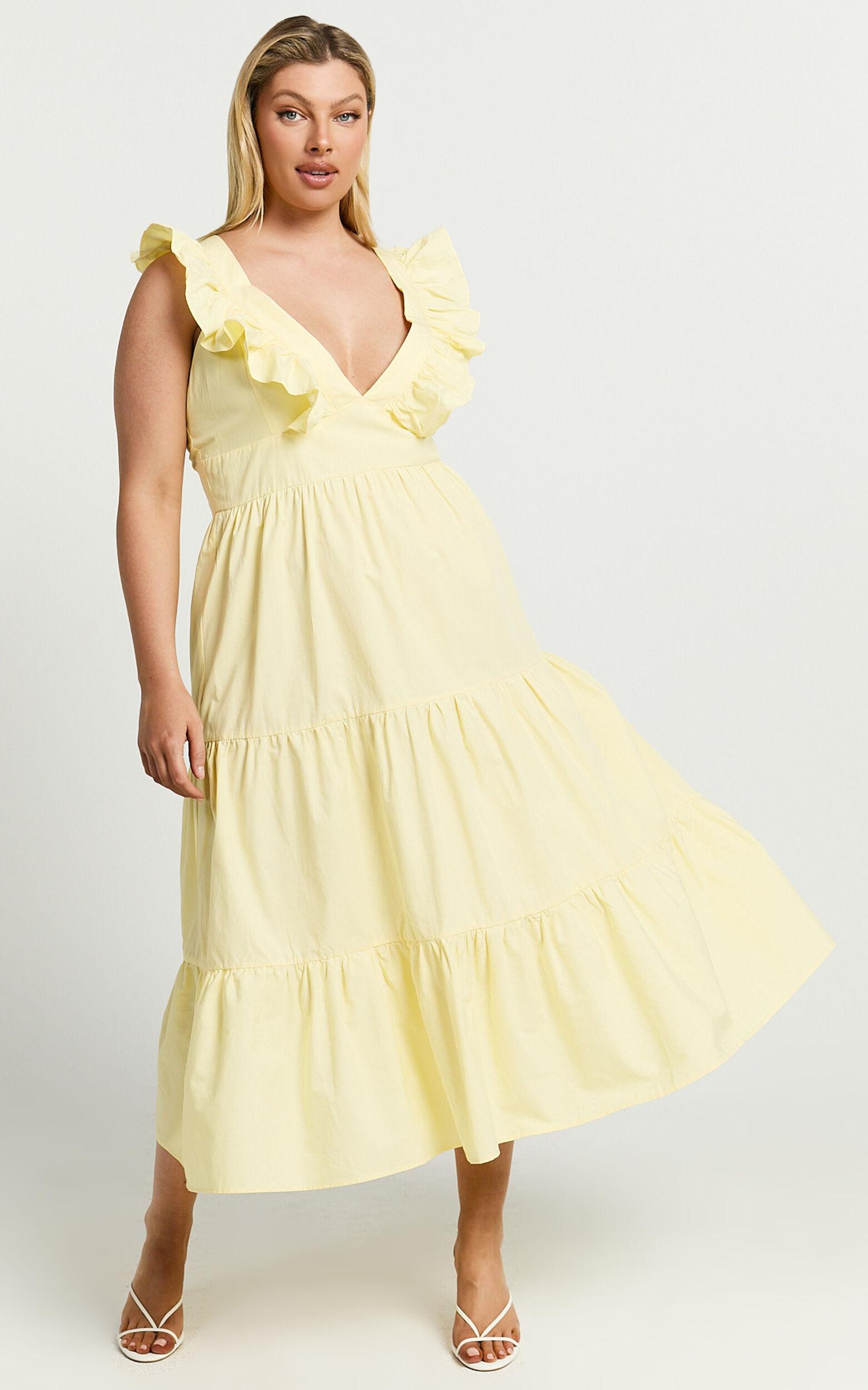 Levona Midi Dress - Ruffle Shoulder Tiered Dress in Lemon Product Image