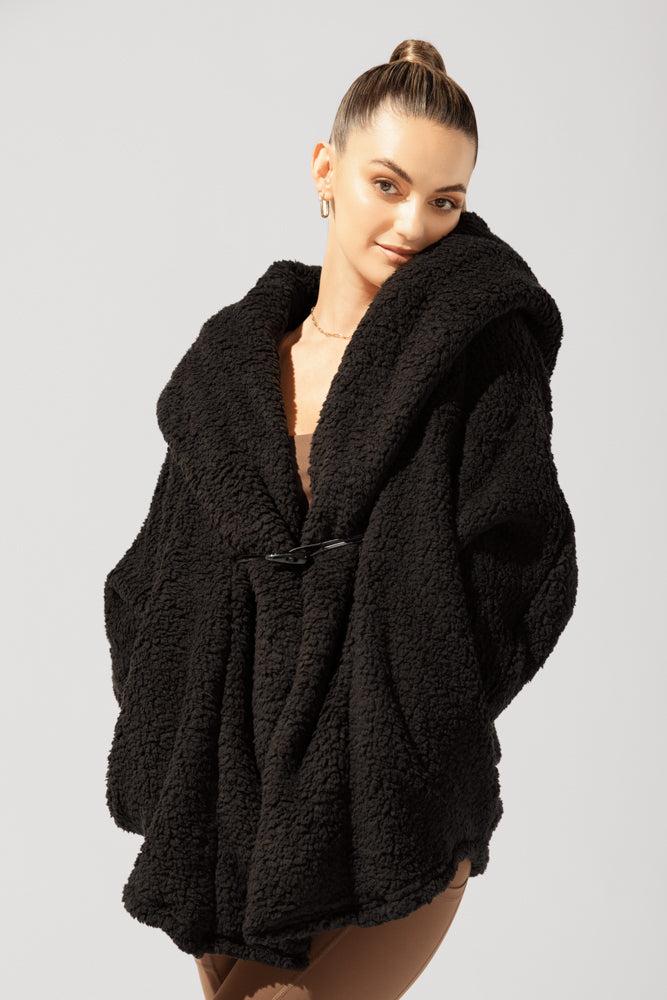 Faux Sherpa Cocoon Coat - Black Product Image
