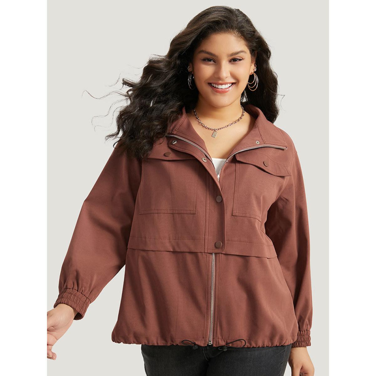 Plus Size Halloween Plain Flap Pocket Shirred Drawstring Zipper Fly Jacket Women Russet Elastic cuffs Pocket Dailywear Jackets BloomChic 26/4X Product Image