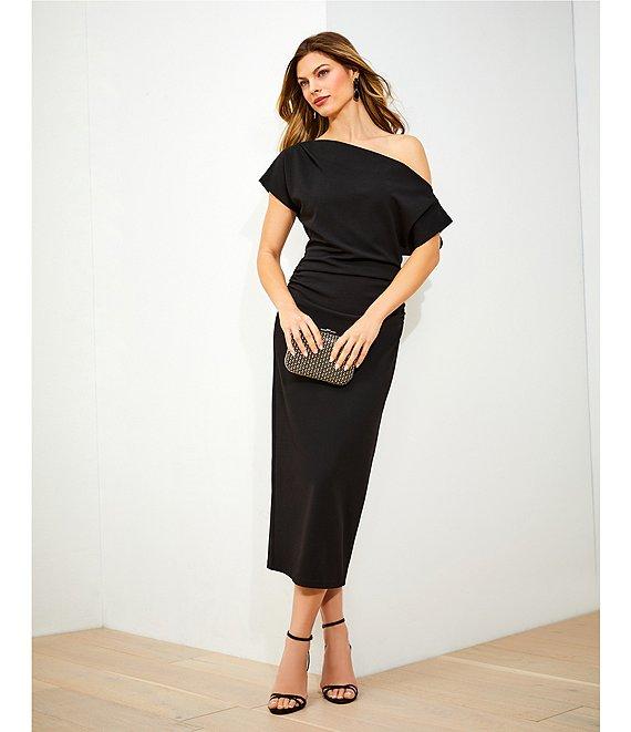 Gibson & Latimer Crepe Knit Asymmetric Neck One Shoulder Off-the-Shoulder Short Sleeve Ruched Sheath Midi Dress Product Image