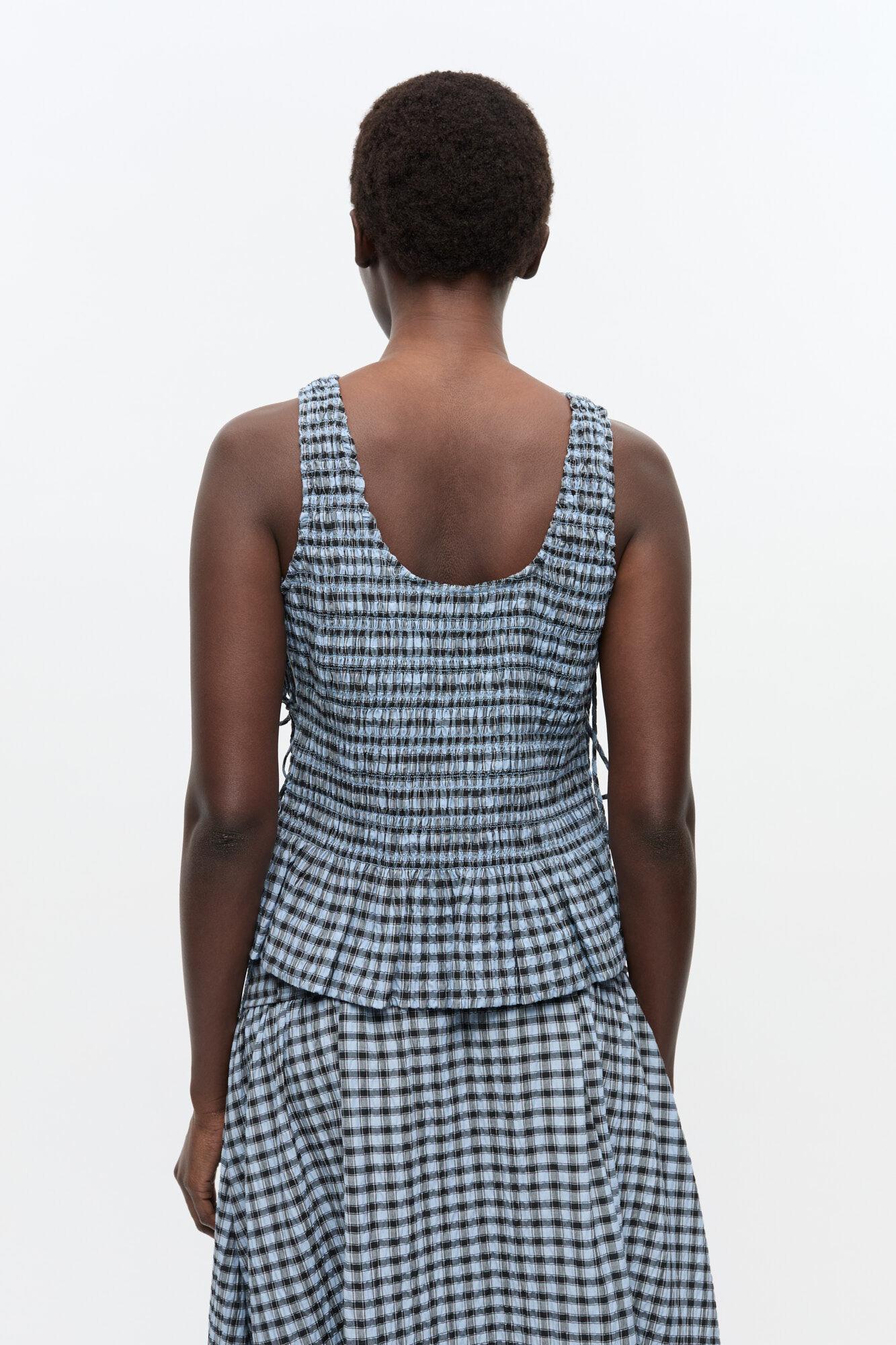 Blue Seersucker Check Smock Tie String Top Product Image