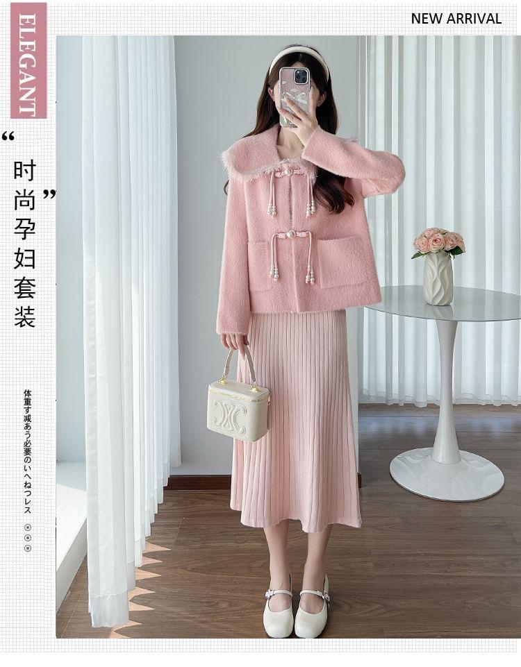 Maternity Frog Buttoned Jacket / Spaghetti Strap Knit Pleated Midi A-Line Dress / Set Product Image