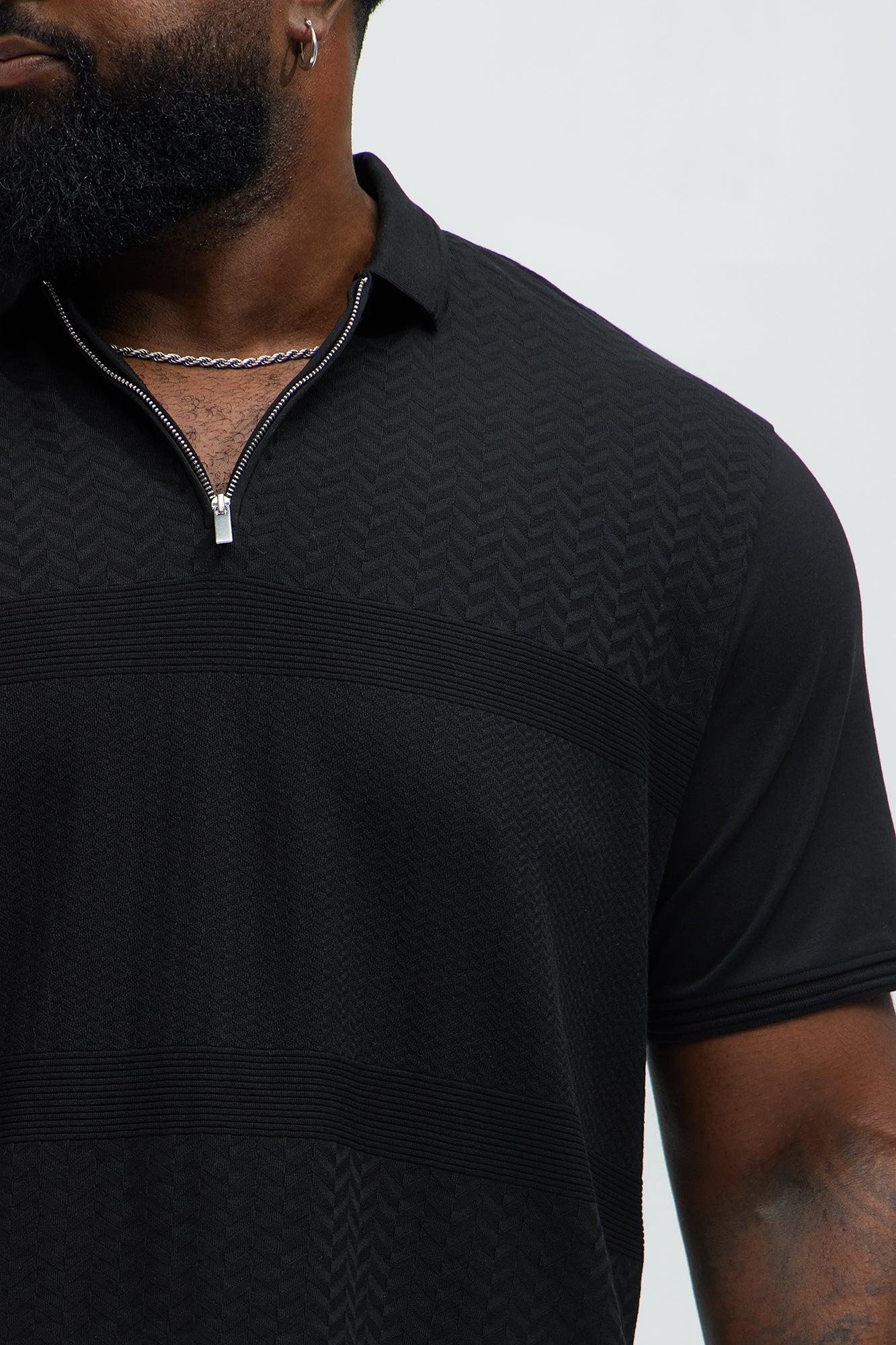 Textured Zip Collar Short Sleeve Polo - Black Product Image