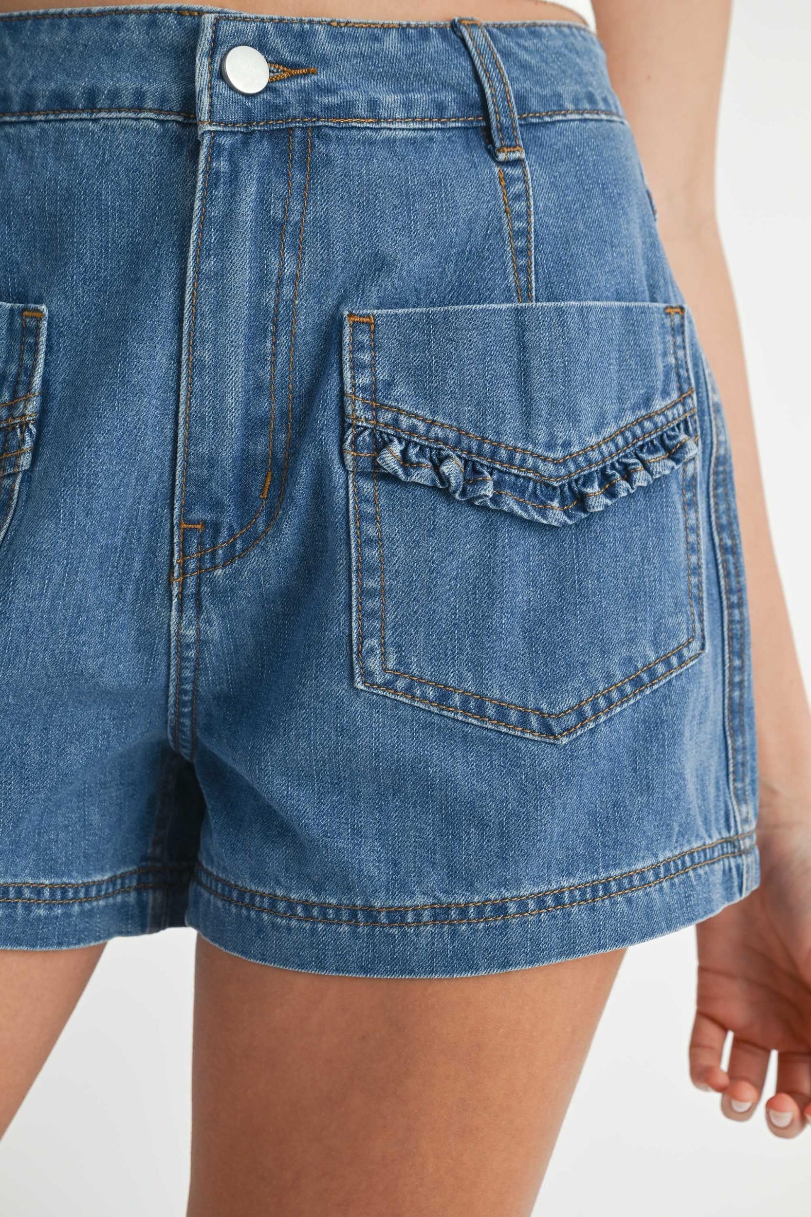 Cute Ruffle Front Pocket Denim Shorts Product Image