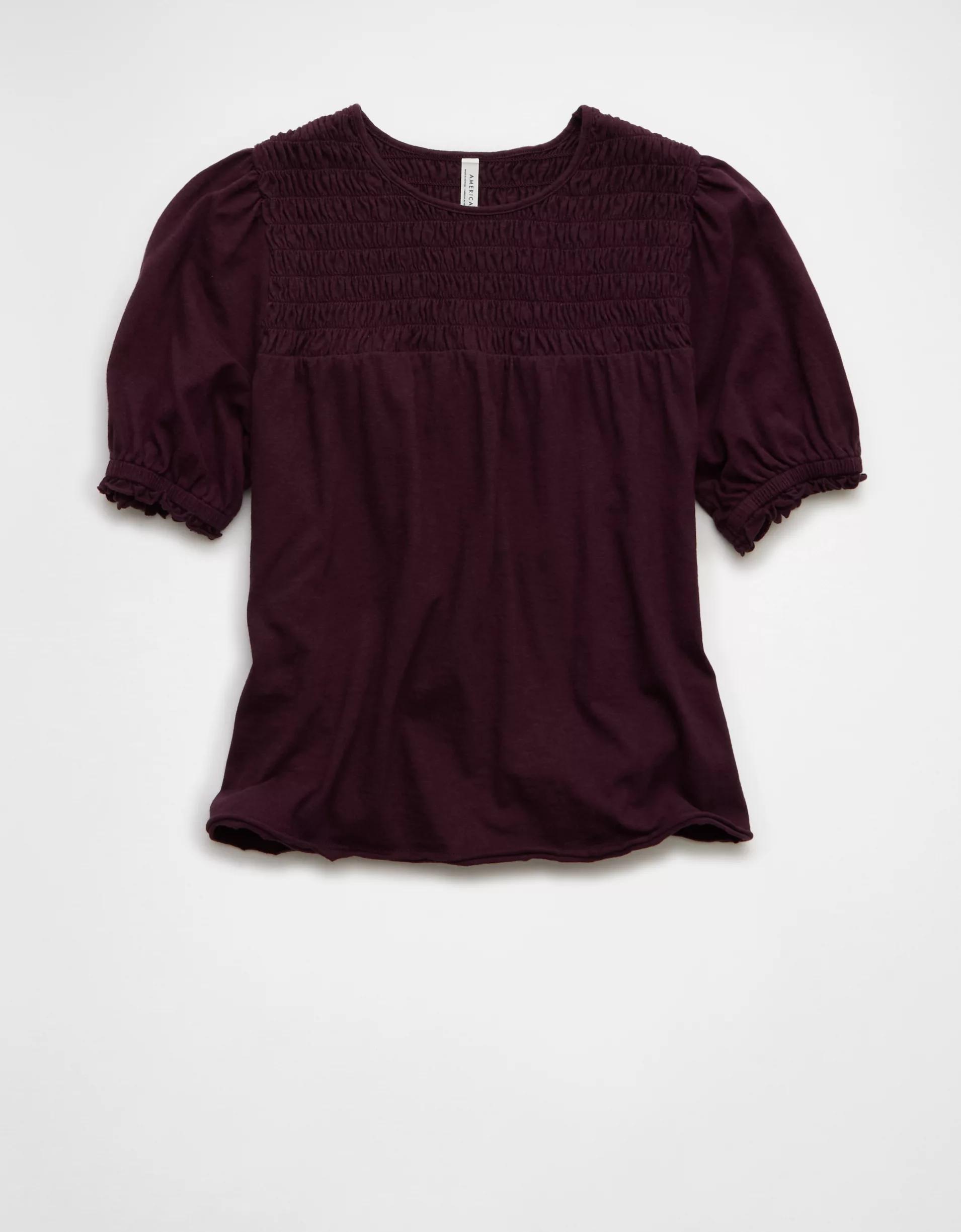AE Sunchaser High Neck Puff Sleeve Smocked T-Shirt Product Image