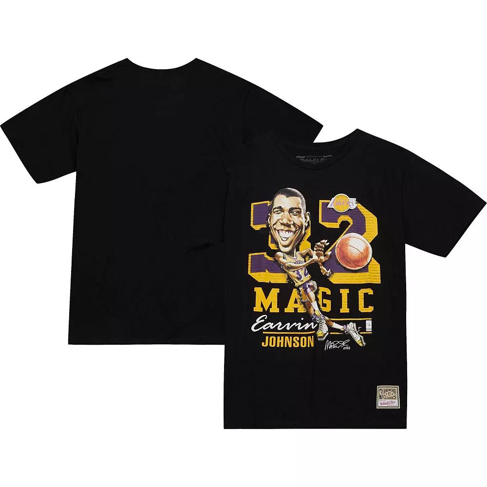 Men's Mitchell & Ness Magic Johnson Black Los Angeles Lakers Hardwood Classics Caricature T-Shirt,  Product Image