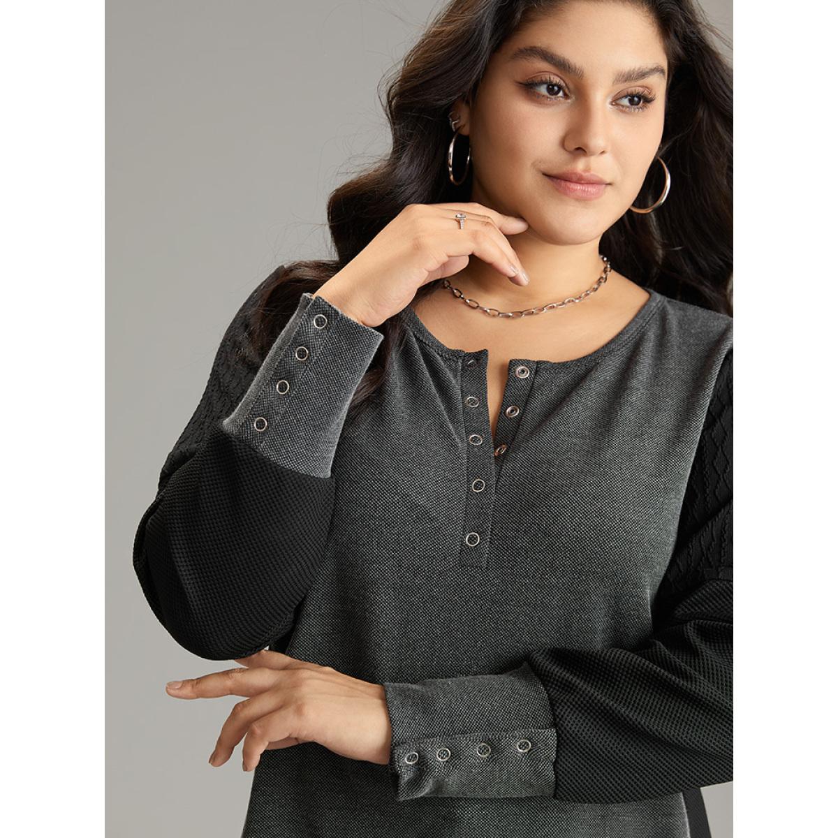 Plus Size Plisse Patchwork Two Tone Button Up T-shirt DimGray Women Casual Texture Plain Open Front Dailywear T-shirts BloomChic 26/4X Product Image