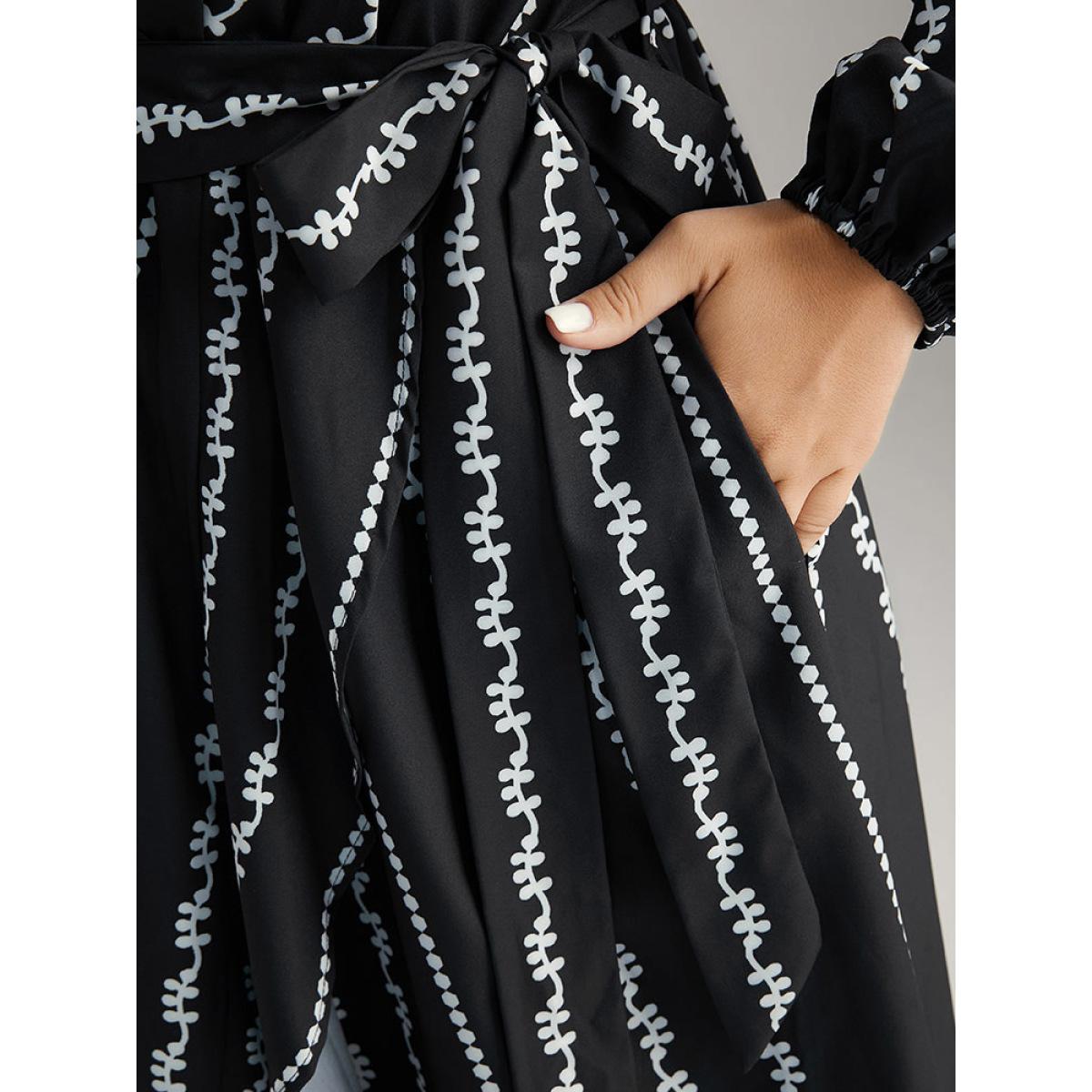 Plus Size Boho Print Striped Belted Wrap Pocket Dress Black Women Vacation Belted V-neck Long Sleeve Curvy Midi Dress BloomChic 26/4X Product Image