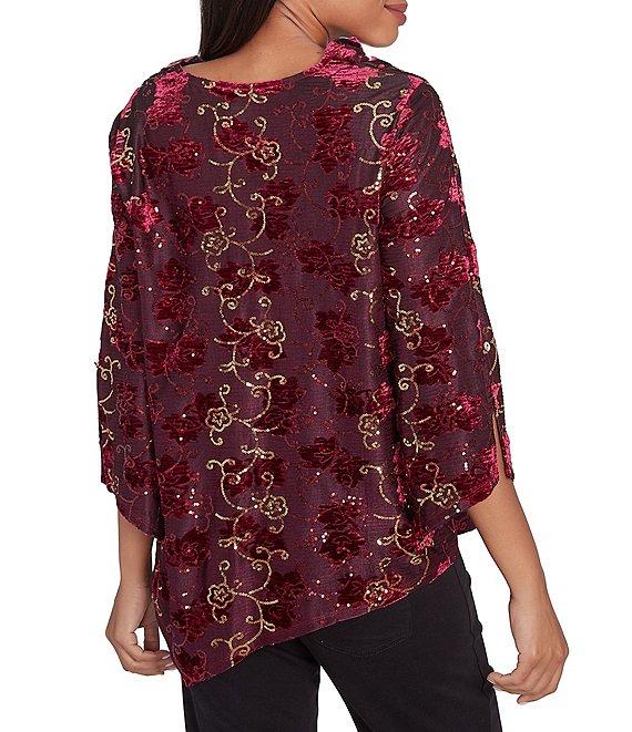 Ruby Rd. Knit Floral Velvet Cowl Neck 3/4 Split Sleeve Asymmetrical Hem Top Product Image