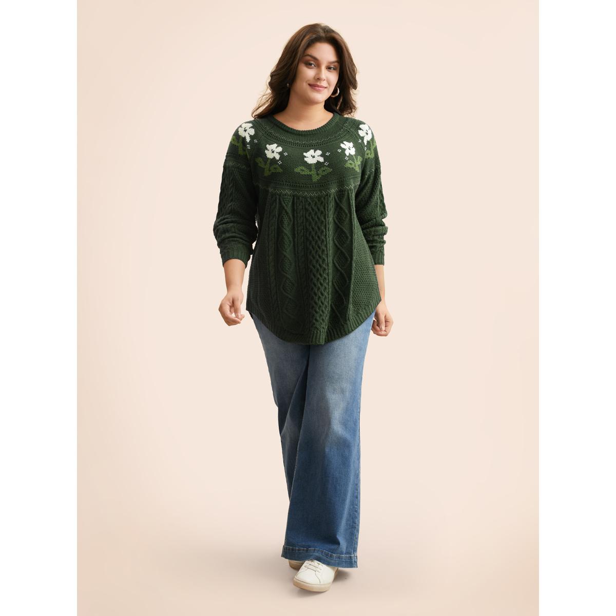 Plus Size Floral Jacquard Raglan Sleeve Pullover DarkGreen Women Casual Long Sleeve Round Neck Everyday Pullovers BloomChic 22-24/3X Product Image