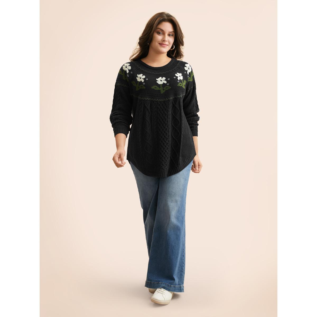 Plus Size Floral Jacquard Raglan Sleeve Pullover Black Women Leisure Long Sleeve Round Neck Casual Pullovers BloomChic 28/5X Product Image