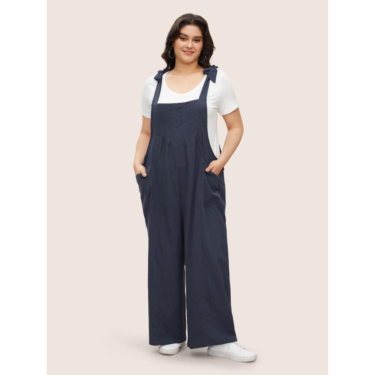 Plus Size Navy Solid Pleated Detail Pocket Knotted Shoulder Overall Jumpsuit Women Casual Sleeveless Non Everyday Loose Jumpsuits BloomChic 26/4X Product Image